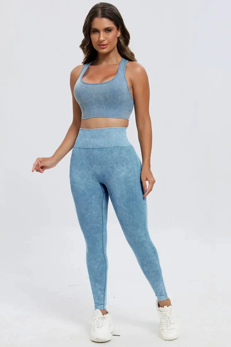 3 Piece Washed Square Neck Wide Strap Active Set for Women - Love Salve